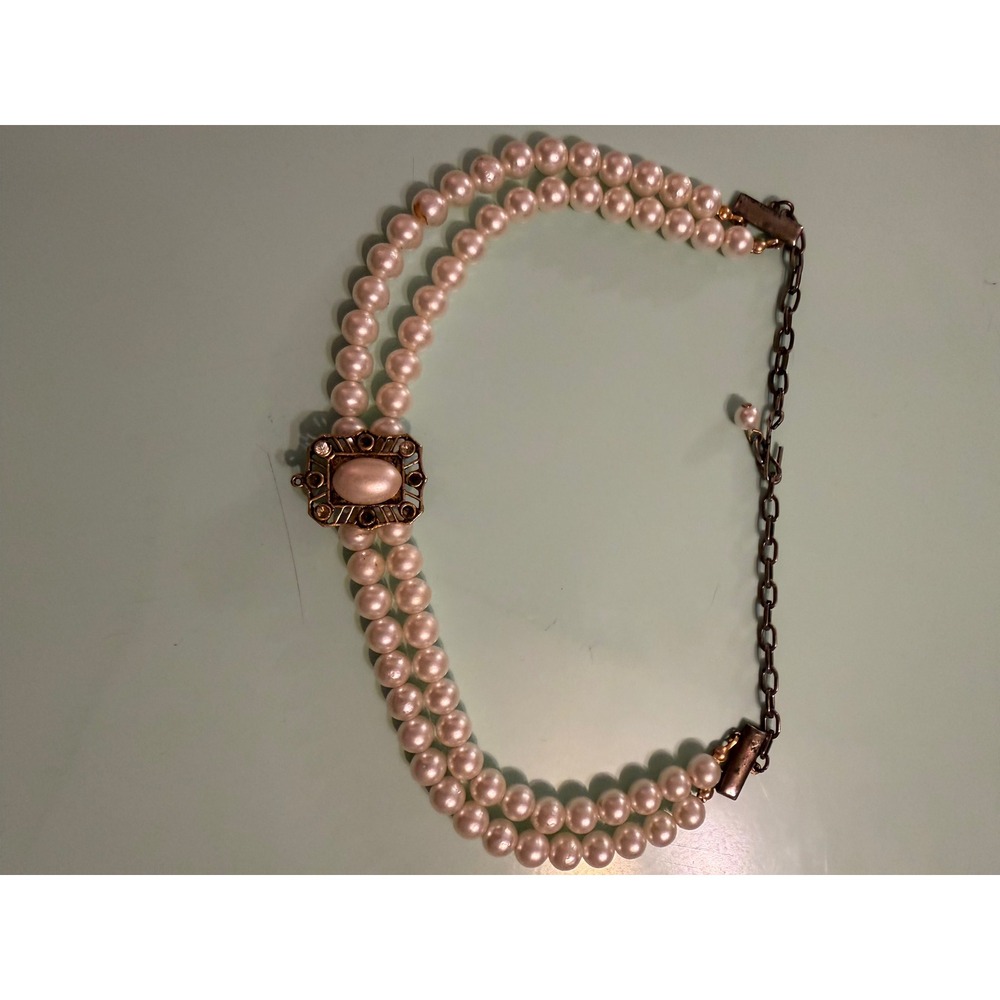 Vintage Double Strand Faux Pearl Choker Necklace Ornate Gold Tone Slide Accent